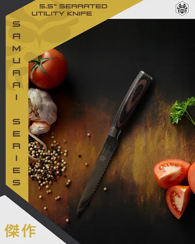 Vista 8 de KESSAKU Cuchillo multiusos dentado de 5.5 pulgadas - Serie Samurai - Cuchillo de cocina afilado - Acero inoxidable de alto carbono forjado 7Cr17MoV