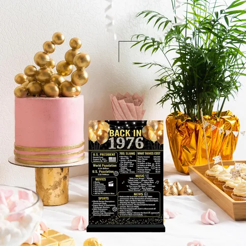 Vista 9 de Trgowaul Decoraciones de cumpleaños n.° 50 para mujeres y hombres, cartel de cumpleaños en acrílico negro y dorado de regreso en 1976 con soporte