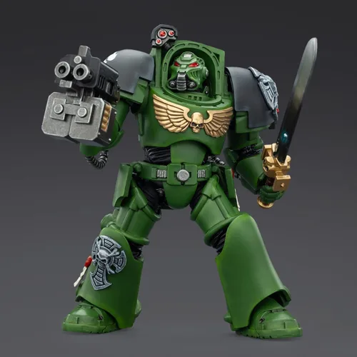 Vista 7 de JOYTOY Warhammer 40,000 1/18 Figura de acción Salamanders Terminator 1 con espada de poder y bolter de tormenta, modelo de colección de regalos