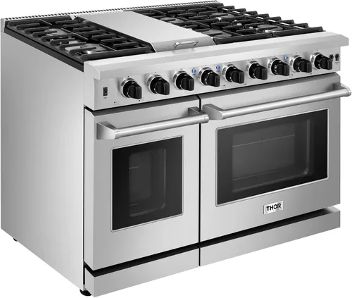 Vista 2 de THOR Kitchen Estufa de gas independiente de 48 pulgadas con horno doble en acero inoxidable - Modelo LRG4807U + Kit de conversión LP