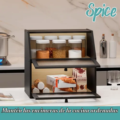 Vista 5 de Caja de pan extra grande negra para mostrador de cocina, caja de pan de bambú de doble capa grande, capacidad de almacenamiento de pan de madera