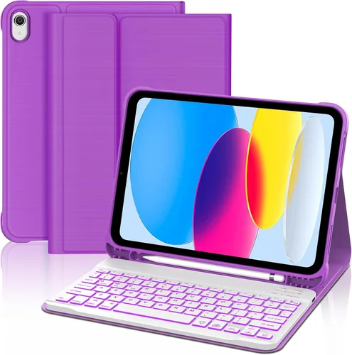 Vista 14 de KVAGO Funda para iPad (A16) de 11ª y 10ª generación con teclado, teclado desmontable inalámbrico retroiluminado de 7 colores, funda de teclado folio