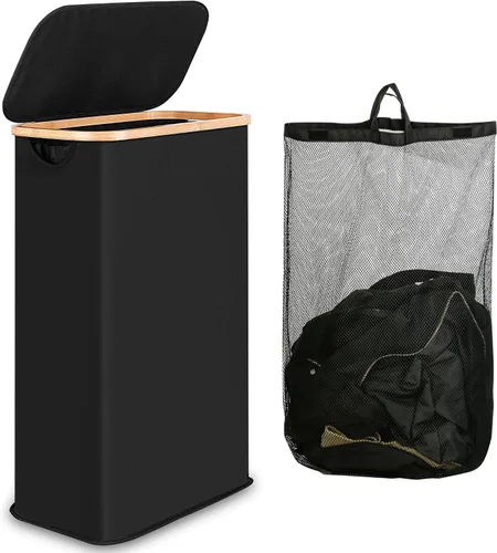 Vista 22 de iEGrow - Cesta de lavandería delgada de 65L, cesta de lavandería estrecha con tapa, cesta de ropa plegable con asas de bambú, cesta de lavandería