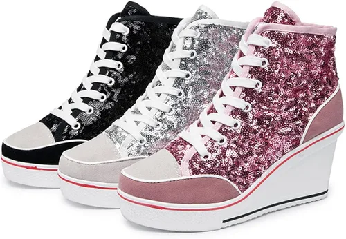 Vista 9 de ALLINNINE Zapatos deportivos de tacón alto para mujer, zapatos de lona de moda de tubo alto, con cordones, borde de cuña, cremallera, ángulo