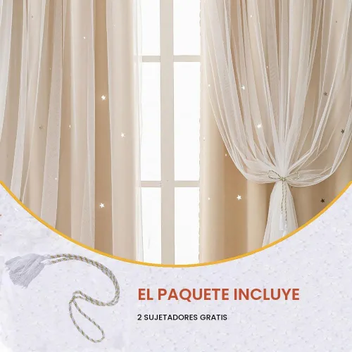 Vista 3 de Cortinas opacas con recortes de estrellas para dormitorio de niñas y niños, cortina de doble capa con aislamiento térmico y superposición Beige