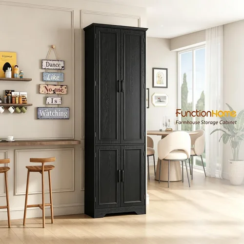Vista 2 de Function Home 72" Kitchen Pantry Cabinet, Tall Wood Farmhouse Storage Cabinet with Doors and Adjustable Shelves, 6 Tier Freestanding Cupboard for