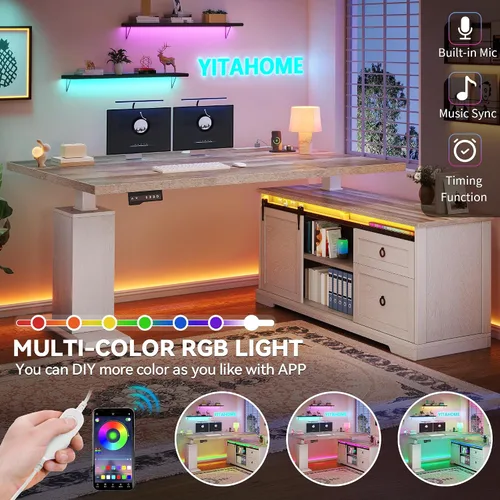 Vista 6 de YITAHOME - Escritorio de pie en forma de L con tomas de corriente y luces LED, 63" Escritorio eléctrico de granja ajustable en altura, estación