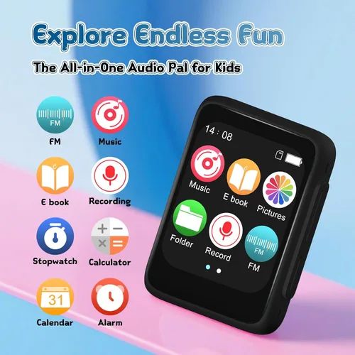 Vista 6 de Reproductor de MP3 para niños con Bluetooth y altavoz, reproductor de música portátil simple para niños, radio FM de 32 GB, lector de libros Negro