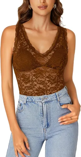 Vista 15 de Rooscier - Blusa sin mangas para mujer, con encaje floral, cuello en V, con volantes, transparente, sin sujetador