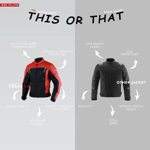 Vista 2 de WD Motorsports Vegas I - Chaqueta de tela impermeable para motocicleta, para todas las estaciones (rojo, M)