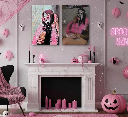 Vista 5 de 2 Piezas Máscaras de Fantasmas de Halloween Arte de Pared Moderno Rosa Académico Gótico Romántico Decoración de Pared de Fantasmas Cuadros Terror