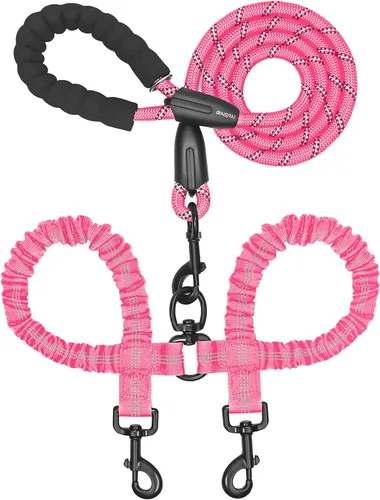 Vista 10 de iYoShop Correa doble para perro, giratoria de 360°, correa para caminar sin enredos con elástico absorbente de golpes para dos perros