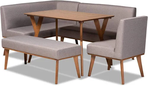 Vista 8 de Baxton Studio Odessa - Banco de comedor tapizado de tela gris y acabado marrón nogal, banco de comedor de madera