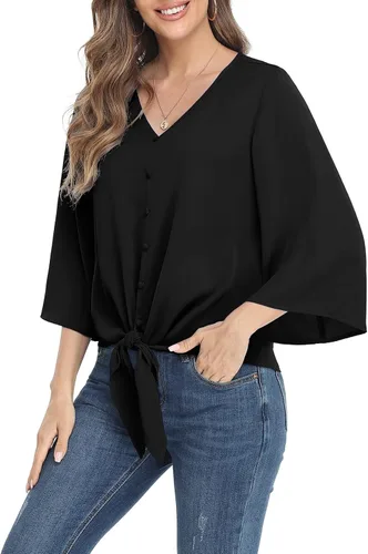 Vista 34 de VIISHOW Blusas de verano para mujer, con botones, cuello en V, de gasa, mangas acampanadas de 3/4, con nudo, casuales 01 Blanco