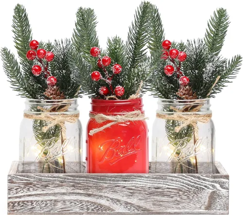 Vista 8 de Tarros de cristal de Navidad, centro de mesa de Navidad para mesa, juego de 3 tarros de albañil coloridos con luces y plantas artificiales