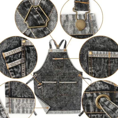 Vista 2 de Jeanerlor - Delantales de trabajo de mezclilla con bolsillos para mujeres y hombres, correas cruzadas y ajustables de S a XXXL, Negro