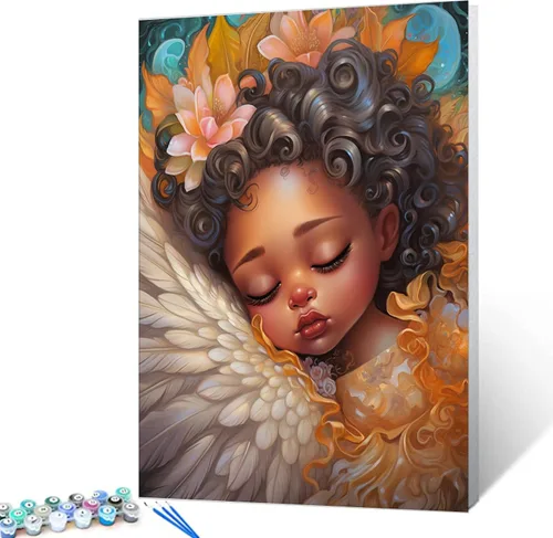 Vista 9 de Tucocoo Pintura de bebé durmiendo por número para adultos y niñas africanas, pintura por número para niños, estilo de moda, pintura moderna