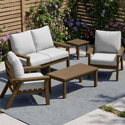 Vista 10 de PLUUV Juego de muebles de patio al aire libre HDPE, 7 piezas, marco negro Marco negro/cojín gris