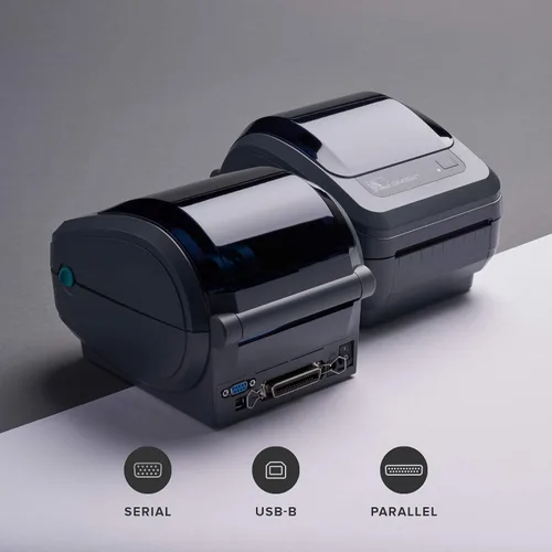 Vista 2 de Impresora térmica Zebra GK420d Direct Thermal Desktop Printer, para un ancho de 10cm, con puerto conexión de serie USB y paralelo