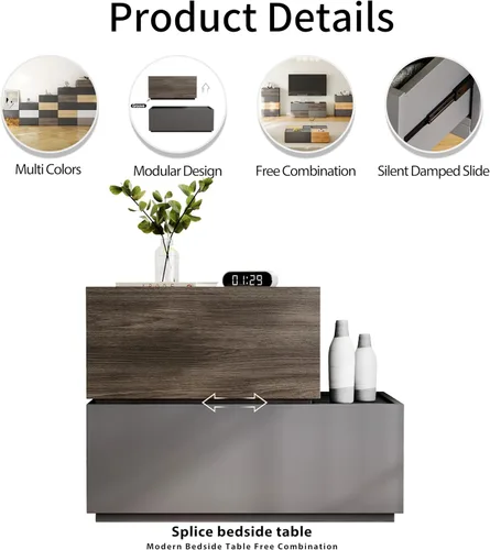 Vista 7 de Mesita de noche moderna con cajones de almacenamiento apilables, juego de muebles modulares para dormitorio - armario de almacenamiento, mesita