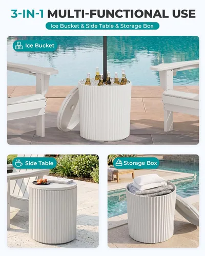 Vista 4 de SERWALL Mesa auxiliar redonda para exteriores, cubo de hielo 3 en 1, mesa auxiliar y caja de almacenamiento, multiuso para porche, patio, piscina