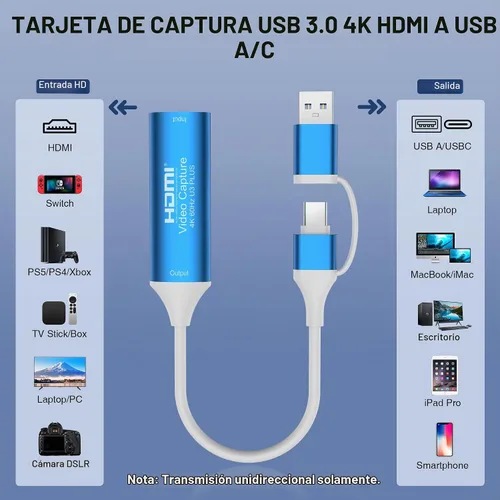 Vista 3 de Tarjeta de captura de video HDMI 4K 60Hz salida, HDMI a USB 3.0 A y USB C tarjeta de captura para cámara/Xbox/PS5/4/PC/OBS/Switch 2 Azul