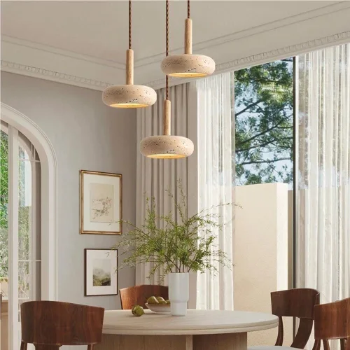 Vista 2 de Lámpara colgante japonesa Wabi-Sabi 3000K luz cálida LED lámpara colgante vintage amarillo travertino lámpara colgante con detalles de madera