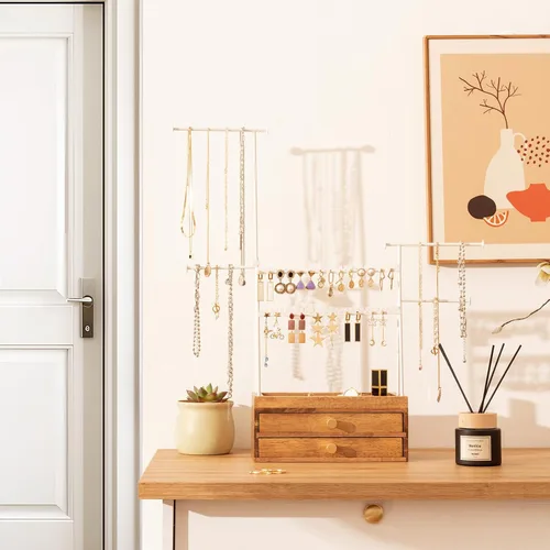 Vista 6 de Organizador de joyas de madera con 2 cajones, regalos para el día de San Valentín para mujeres y niñas, 5 niveles de altura ajustable, organizador