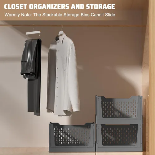 Vista 5 de Stackable Plastic Storage Bins, 3 Pack Foldable Closet Organizers and Storage Basket with Wheels, Collapsible Drawer Shelf Storage Box Container for