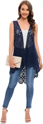 Vista 6 de Chaleco de encaje de ganchillo para mujer, estilo bohemio, sin mangas, kimono con dobladillo irregular