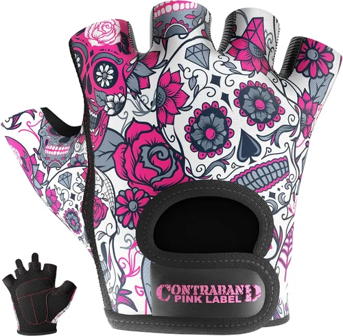 Vista 8 de Contraband Pink Label 5237 – Guantes de levantamiento de pesas con calavera, para mujer, Serie Design (1 par), Gris, M