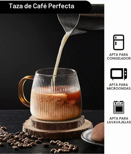 Vista 5 de Juego de 2 tazas de café de cristal únicas de alta calidad con elegante patrón de rayas verticales, mango amarillo claro (transparente)
