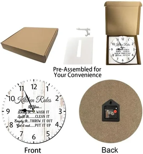 Vista 5 de Kitchen Rules - Reloj de pared de madera vintage, funciona con pilas, sin tictac, de 10 pulgadas, arte silencioso, rústico, para el hogar