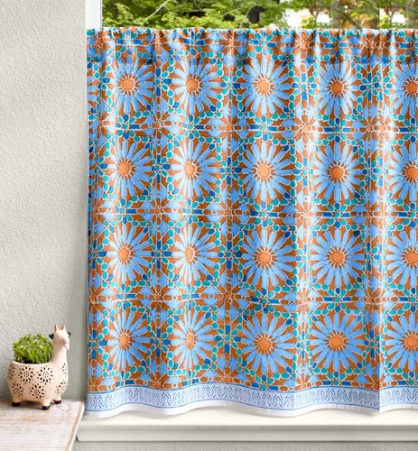 Vista 23 de Cortinas de algodón de media cocina para ventanas pequeñas, baño y café, estampado a mano en bloque, velo de novia blanco, diseño bohemio moderno