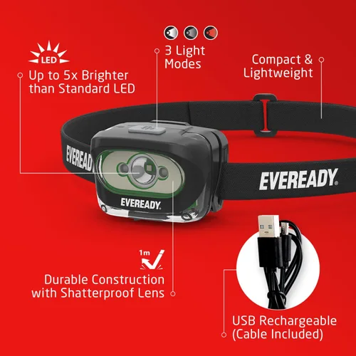Vista 2 de Eveready Linterna frontal recargable LED, faro resistente al agua para exteriores, camping y luz de trabajo mecánico