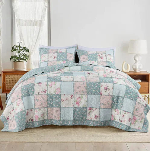 Vista 2 de Chezmoi Collection Abbi - Juego de edredón de 2 piezas con diseño shabby chic, edredón de algodón prelavado con estampado floral, sábanas con diseño
