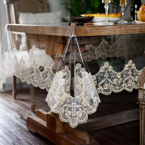Vista 9 de ARTABLE Mantel rectangular de vinilo de PVC, impermeable, transparente, con borde de macramé de encaje champán, para boda, cocina, hogar