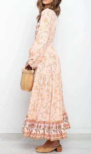 Vista 4 de R.Vivimos Vestido midi de algodón de manga larga con cuello en V y botones para mujer, estampado floral, estilo bohemio