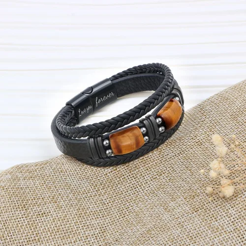 Vista 6 de Pulseras de cuero de ojo de tigre para hijo, marido, nieto, novio a mi hombre, joyería para hermano papá, 7.58.59 pulgadas