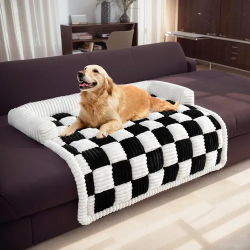 Vista 8 de LiveGo Fundas mullidas para sofá para mascotas, funda de sofá mullida, funda de sofá mullida color crema, cuadrada, a cuadros, alfombra de felpa