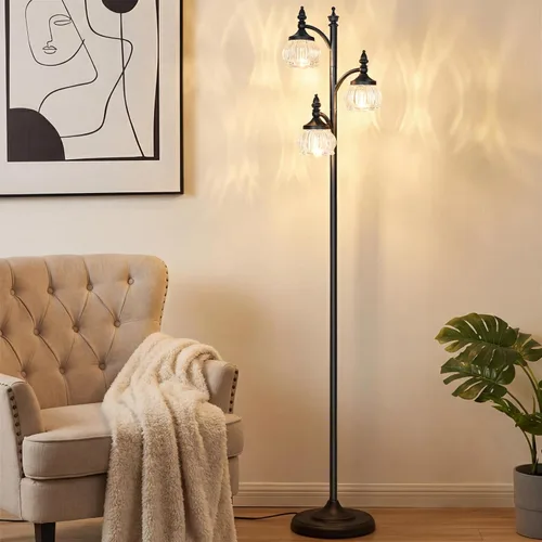 Vista 2 de JUNNAI Lámparas de pie negras para sala de estar, lámparas de pie de 66.5 pulgadas con pantalla de cristal, luces de brillo de 3 vías, lámpara
