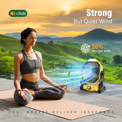 Vista 3 de JINLICTE Ventilador solar de 10400mAh con linterna LED, ventilador de camping con panel solar, ventilador solar recargable de 7W para exteriores