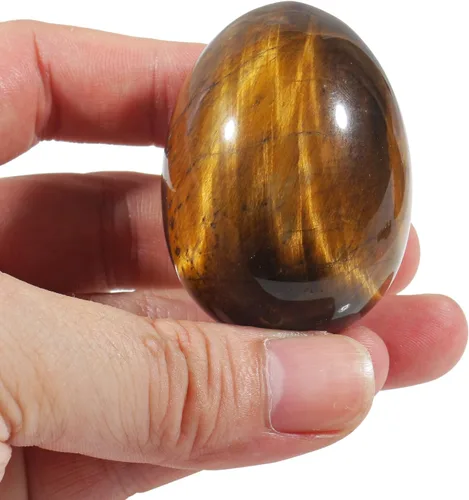 Vista 2 de Fekuar Figura de huevo de piedra, cristal curativo pulido, escultura de esfera de huevos de Pascua con soporte de madera, piedra de ojo de tigre