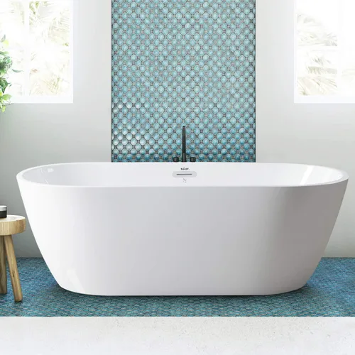 Vista 9 de FerdY Bañera independiente de acrílico Bali de 47 pulgadas, bañera independiente con forma elegante, certificado cUPC, drenaje dorado cepillado