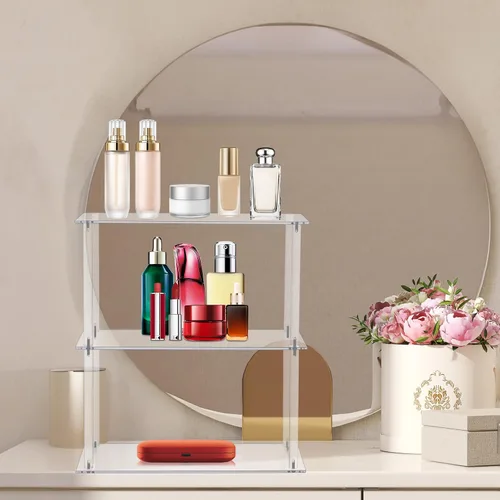 Vista 2 de Jusalpha Soporte rectangular de acrílico transparente de 3 niveles, estantes de organización de maquillaje cosmético, soporte de exhibición