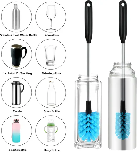 Vista 2 de Cepillo para botella de agua de acero inoxidable de mango largo 2 en 1, cepillo multiusos para limpiar botellas, cepillo suave para botellas