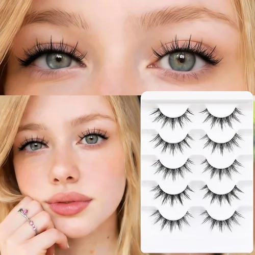 Vista 2 de Veleasha Pestañas postizas de manga puntiagudas, 100% hechas a mano, aspecto natural, pestañas postizas ligeras con banda transparente suave