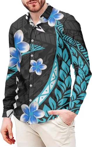 Vista 16 de Camisa de guayabera polinesia para hombre, patrón de Samoa Americana, vintage, cuello en V, manga larga, hawaiana, camisas de vestir para hombres
