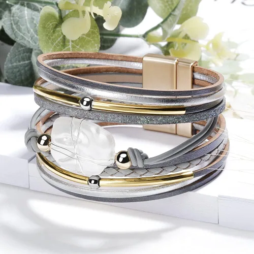 Vista 4 de Fesciory - Pulsera de piel de leopardo para mujer, pulsera de cuero multicapa, brazalete con cierre magnético, joyería