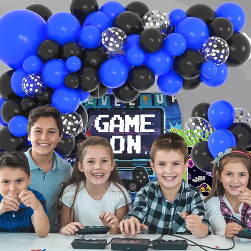 Vista 2 de Juego de globos de confeti azul rey, negro y plateado, arco de globos de confeti azul, negro y plateado para decoración de cumpleaños de bebé jefe